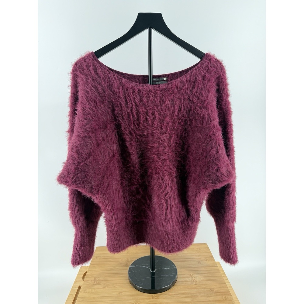 Anthropologie Ember Eyelash Fuzzy‎ Sweater Burgundy Sz Small Wide Tapered Sleeve